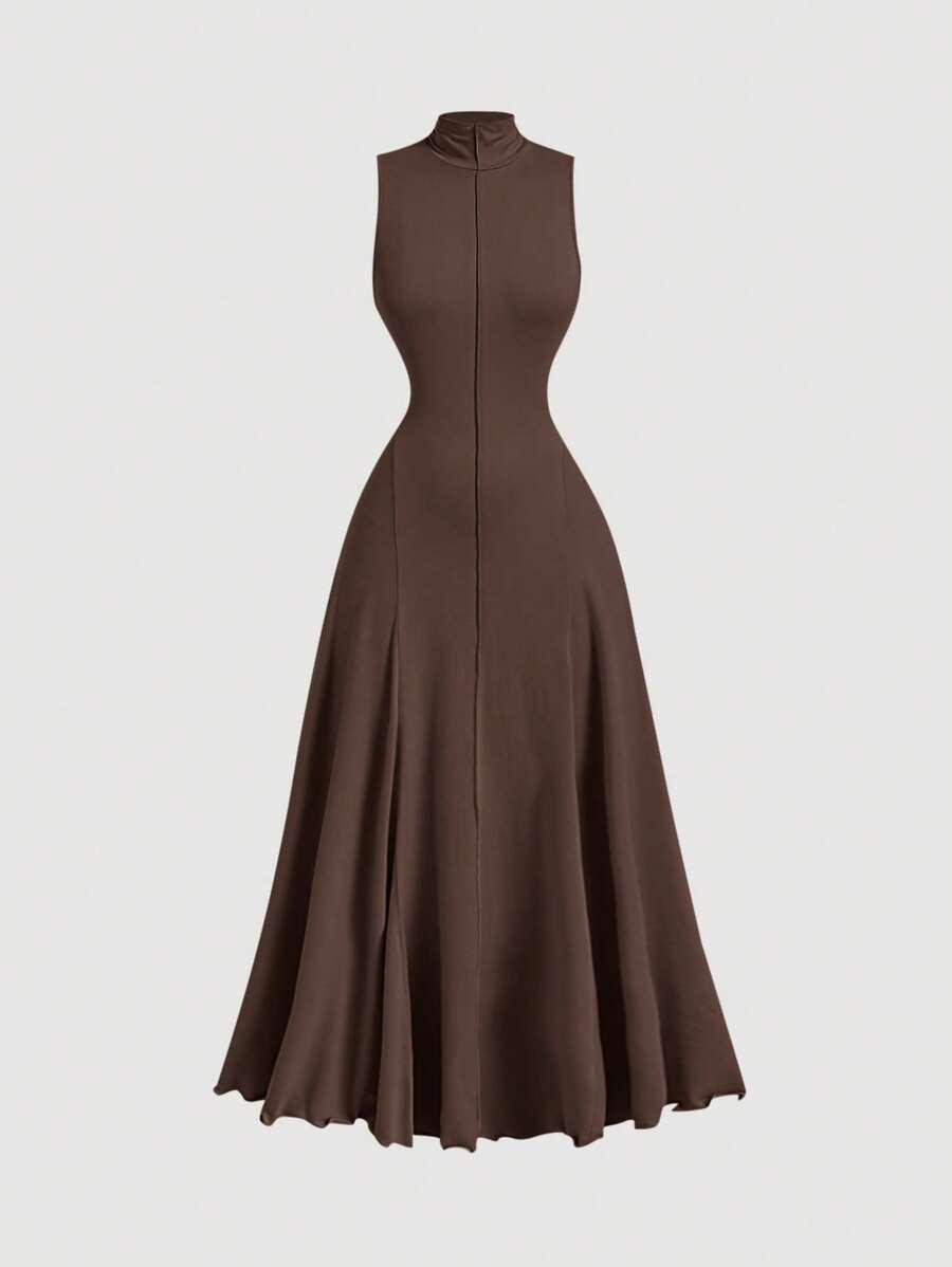 shein mod brown stand collar sleeveless minimalist long dress