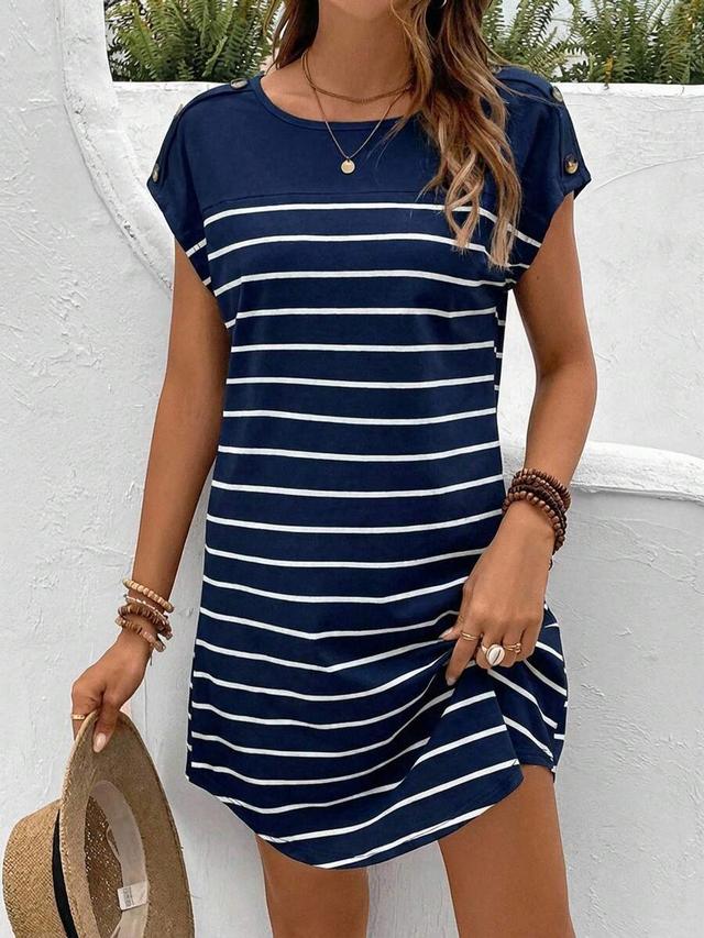 navy and white striped cotton shift dress