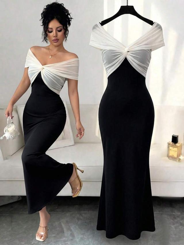 black and white off-shoulder twist bodice evening dress