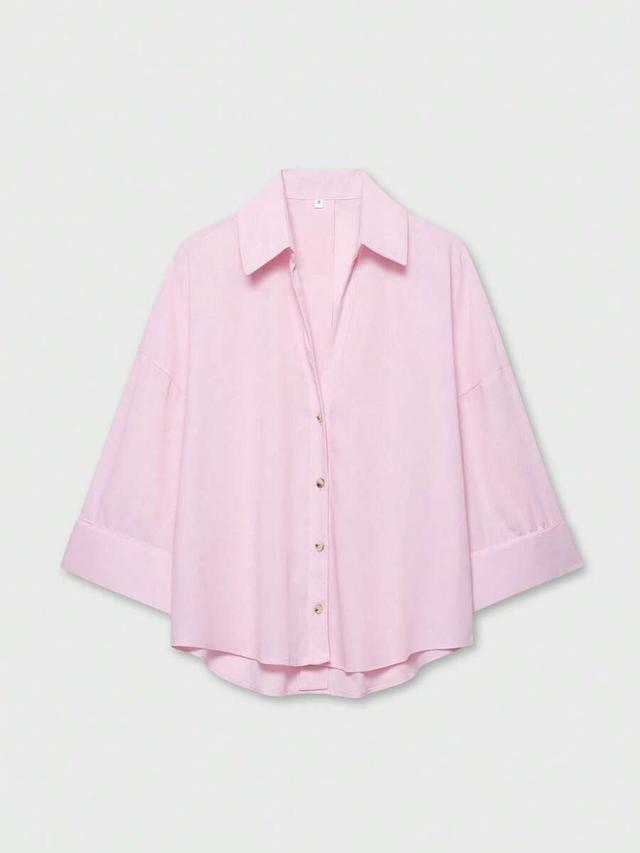pink casual versatile long sleeve button down blouse