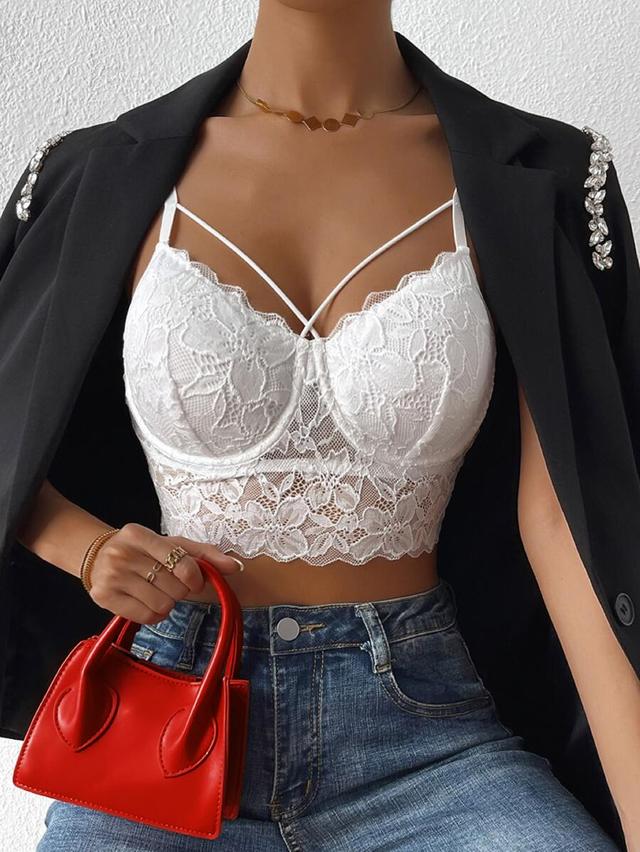white floral lace criss cross crop cami top