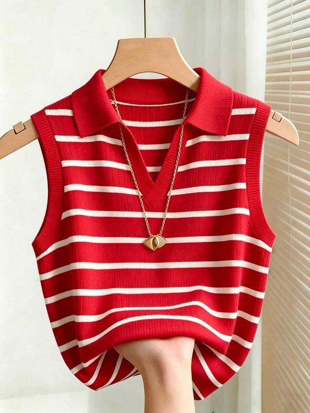 red and white striped knitted collared vest