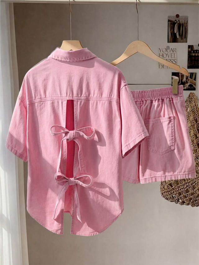 pink denim shirt and shorts co-ord set