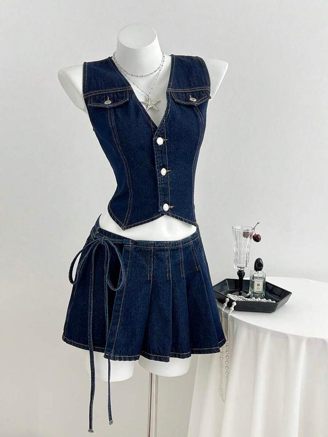 dark wash denim vest and pleated wrap skirt set