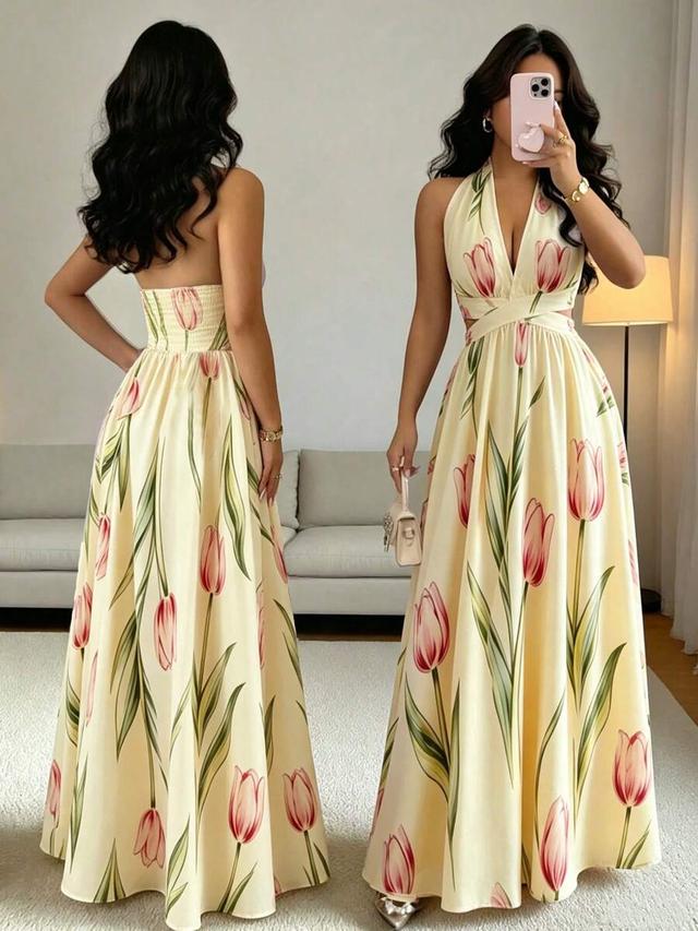 yellow tulip print halter neck maxi dress
