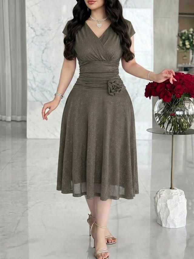feyla women's v-neck overlap cap sleeve 3d flower dress