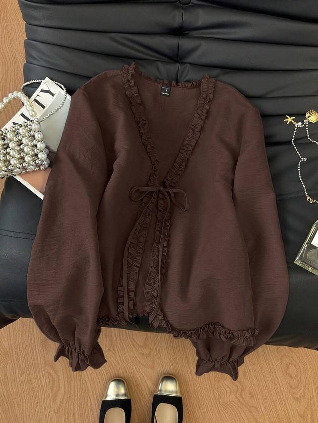 brown frill trim tie front long sleeve blouse