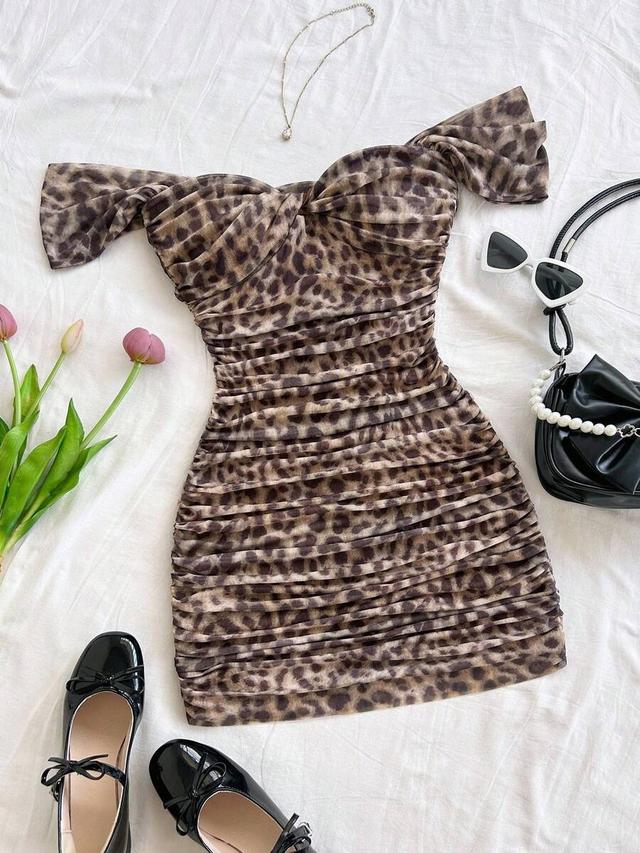 leopard print off shoulder ruched mesh bodycon dress