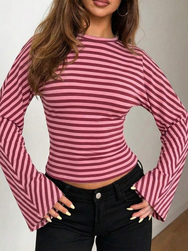 minimalist pink and maroon striped long sleeve top