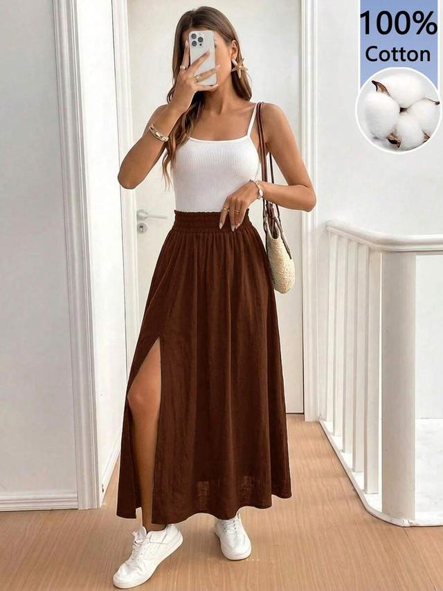 dark brown cotton midi skirt with side slit