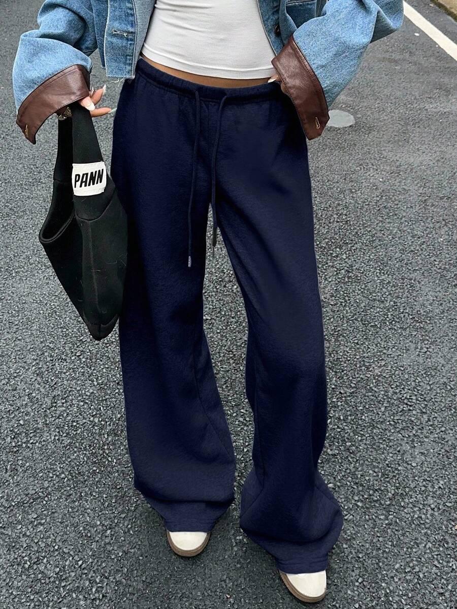 navy blue casual loose front tie sweatpants