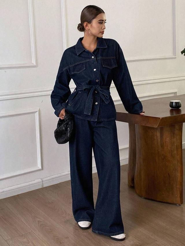 dark wash denim waist-cinched jacket and wide-leg trouser set