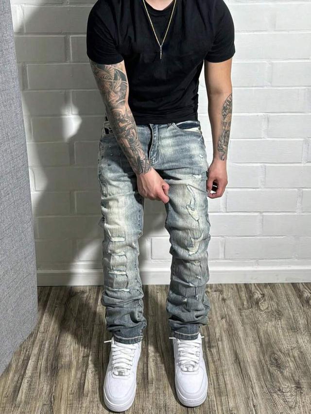 men's distressed denim straight leg casual washed vintage jeans