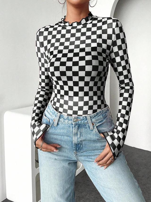 checkerboard print long sleeve fitted mesh top