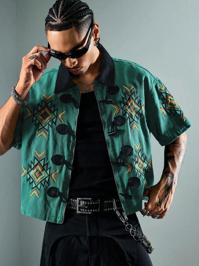geometric embroidery short sleeve denim shirt