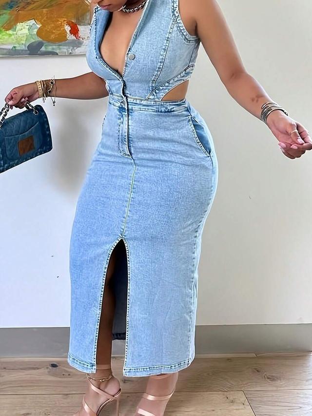 women's sleeveless light wash denim midi dress