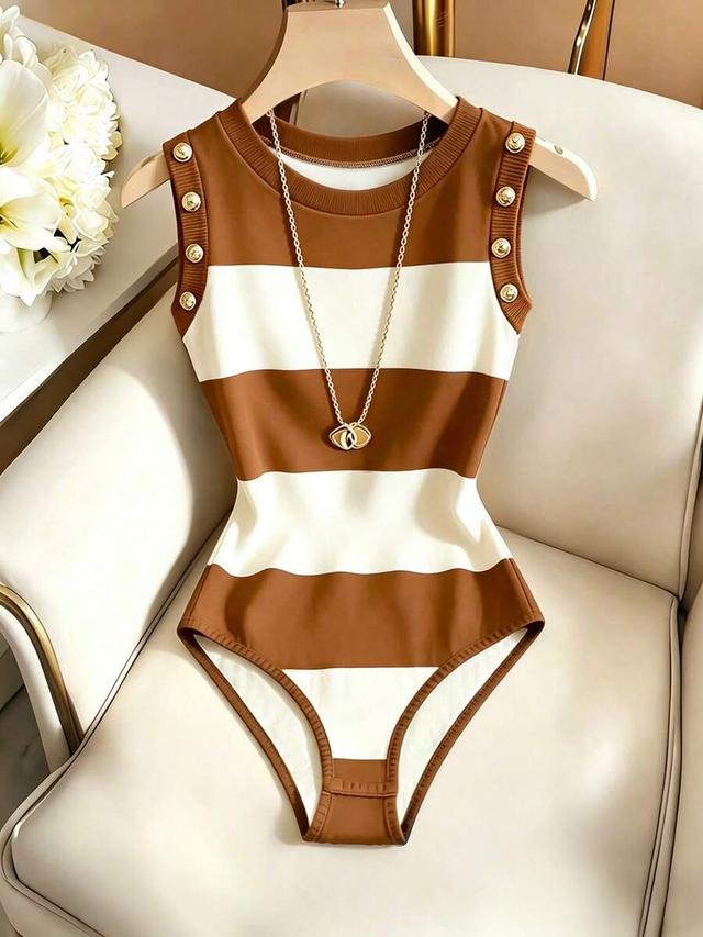 brown and white striped sleeveless knit bodysuit
