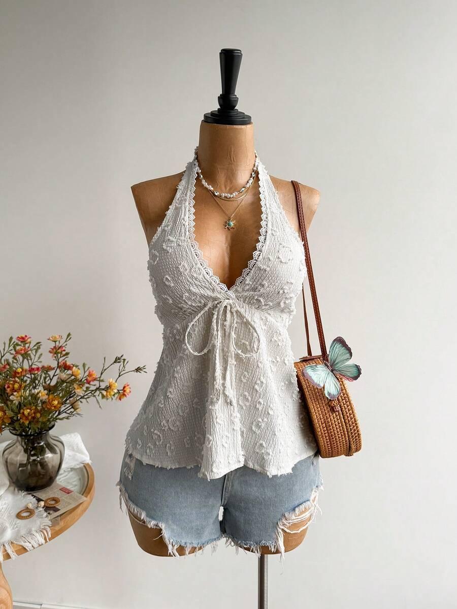 white textured bohemian halter top with lace trim