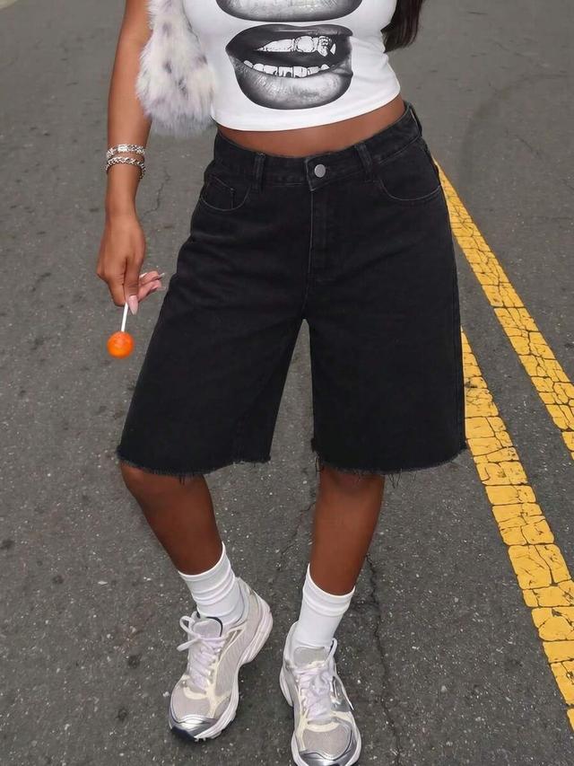 black denim raw hem bermuda shorts