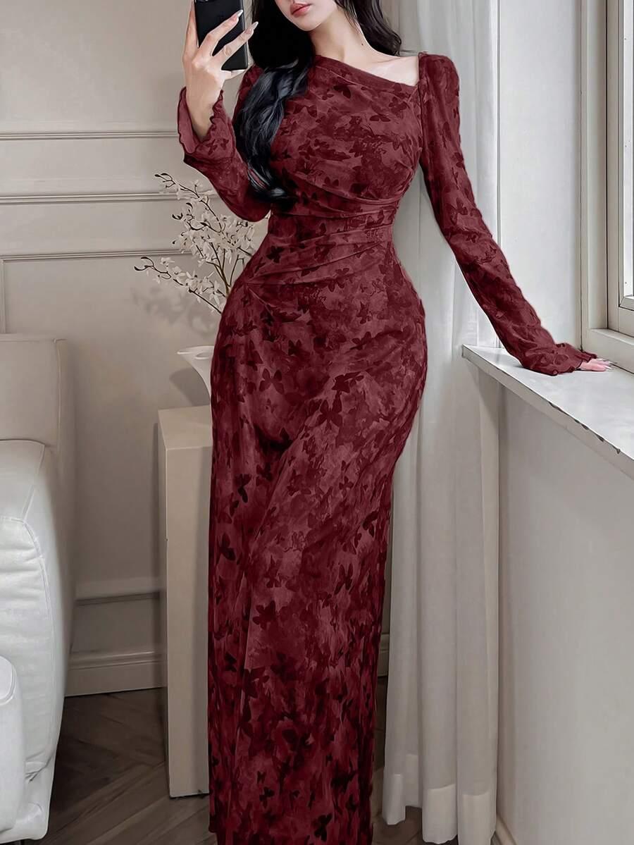 feyla women floral print asymmetric neckline ruffle elegant dress