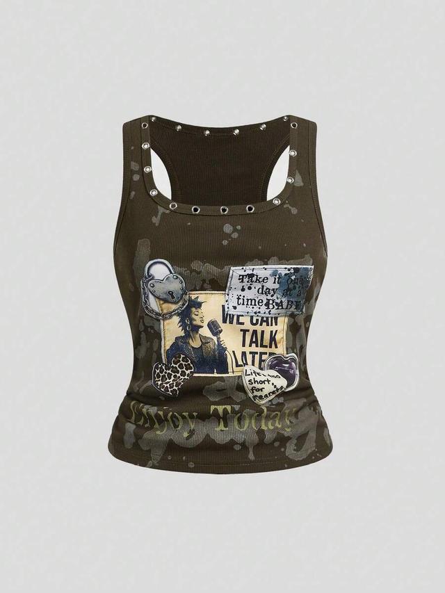 distressed punk rivet embroidered olive ribbed tank top