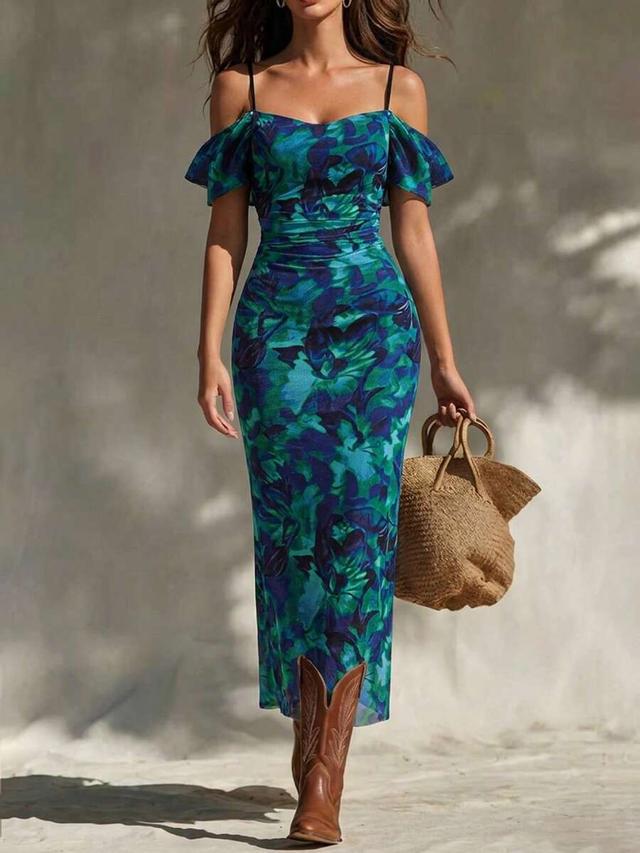 floral print open shoulder ruched bodycon maxi dress