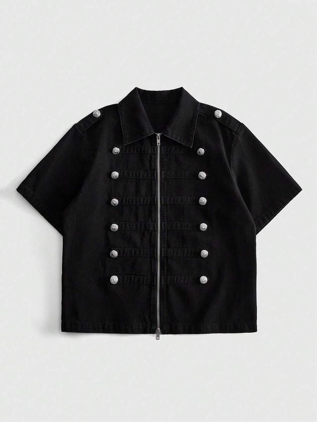 black napoleon style short sleeve denim jacket