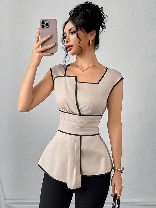 beige contrast trim square collar waist fitted blouse