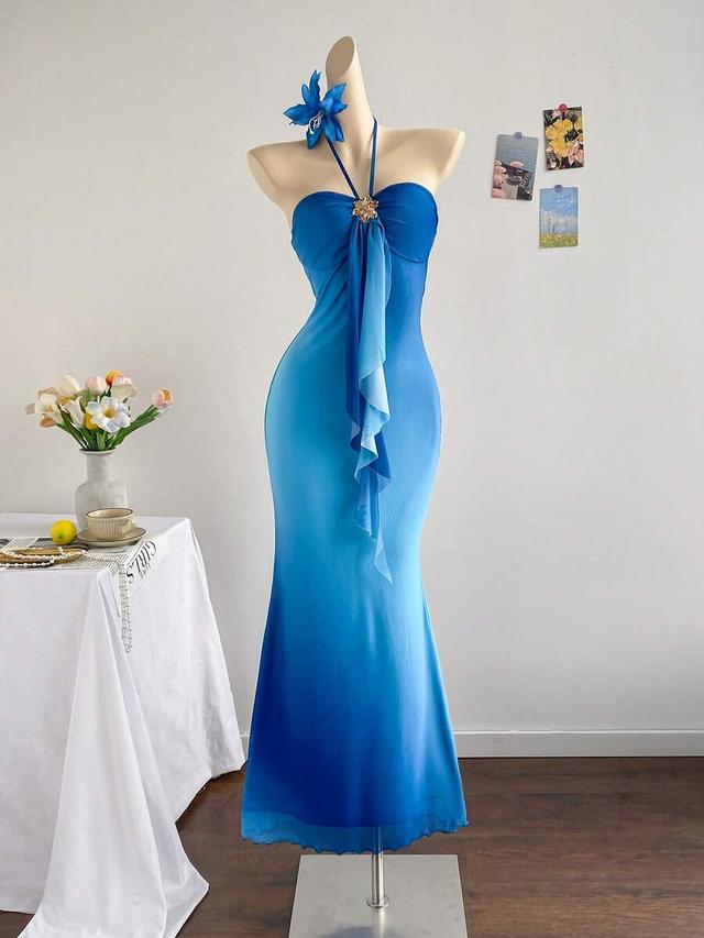 blue ombre halter neck evening gown