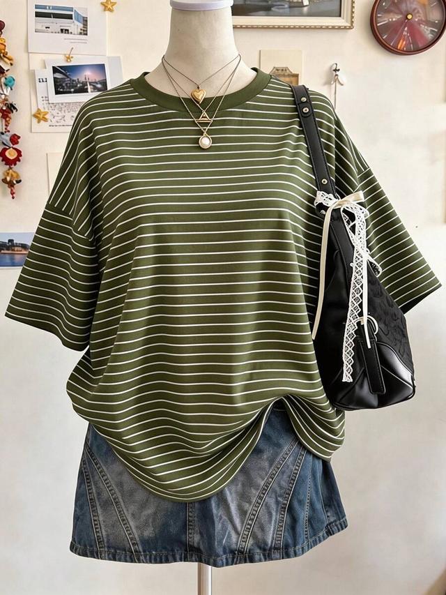 olive green striped oversized drop shoulder t-shirt