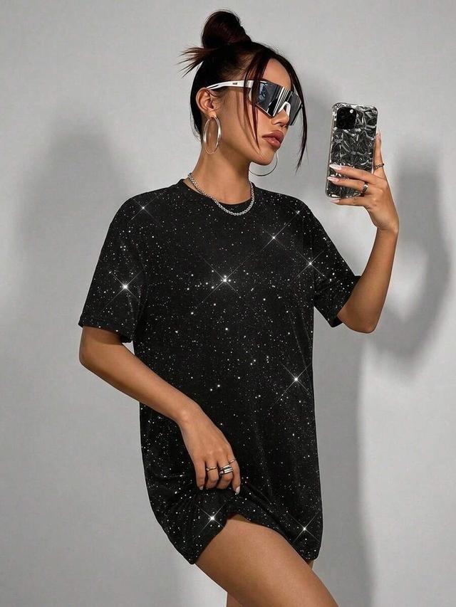 black glitter drop shoulder t-shirt dress