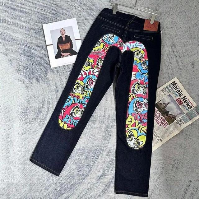 dark denim multicolor graphic american street style retro-hop printed straight-leg jeans