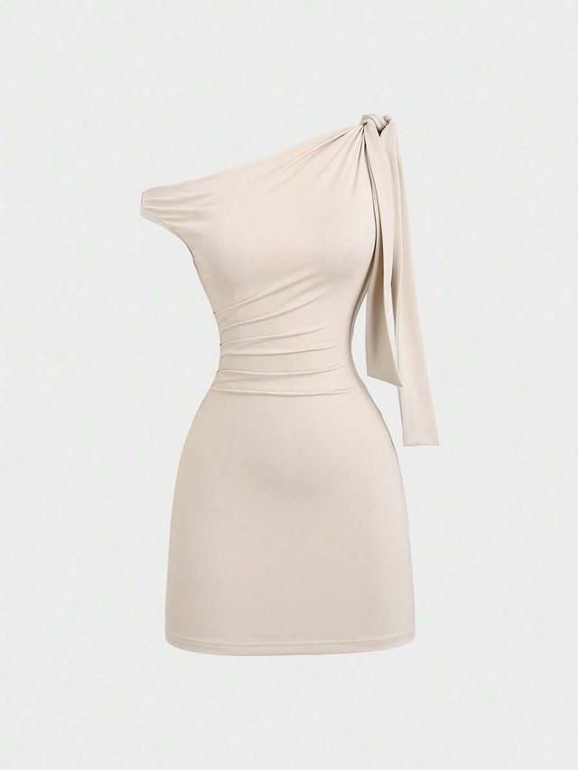 beige asymmetrical neck flounce mini dress
