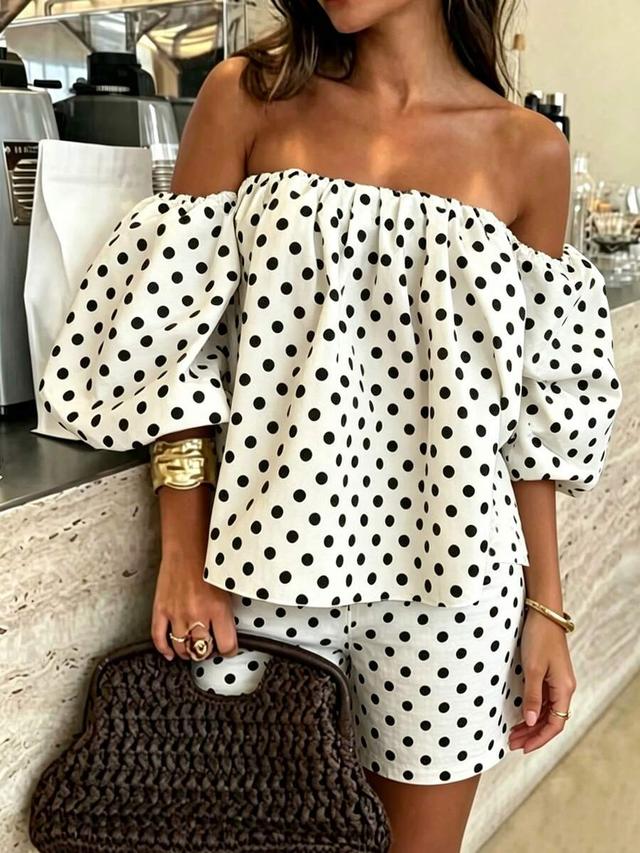 polka dot off-shoulder lantern sleeve top and shorts set