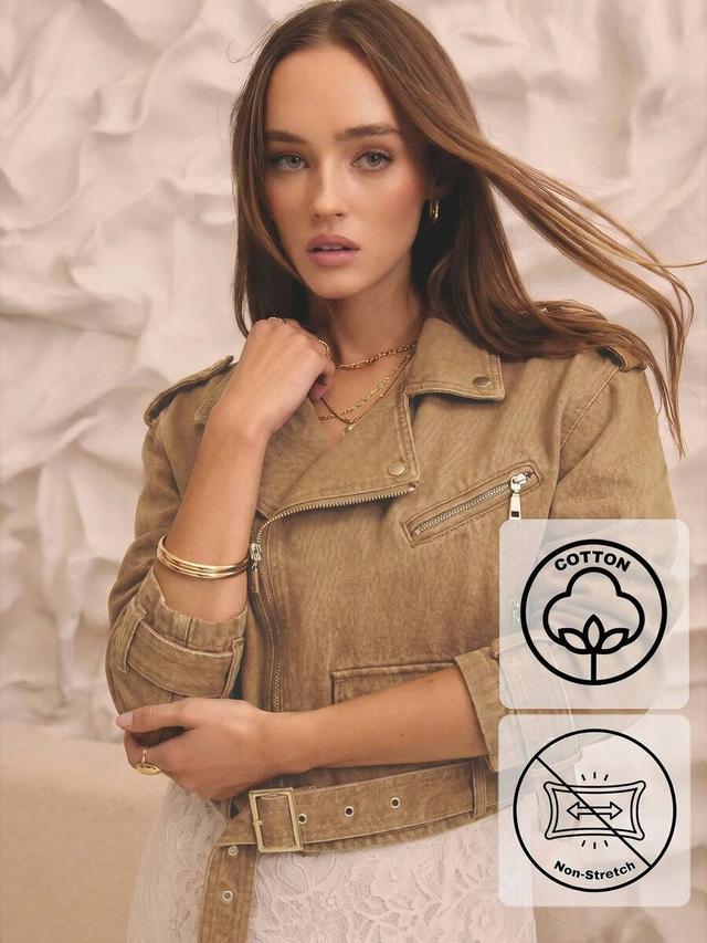 aralina autumn cropped denim biker jacket with khaki trim