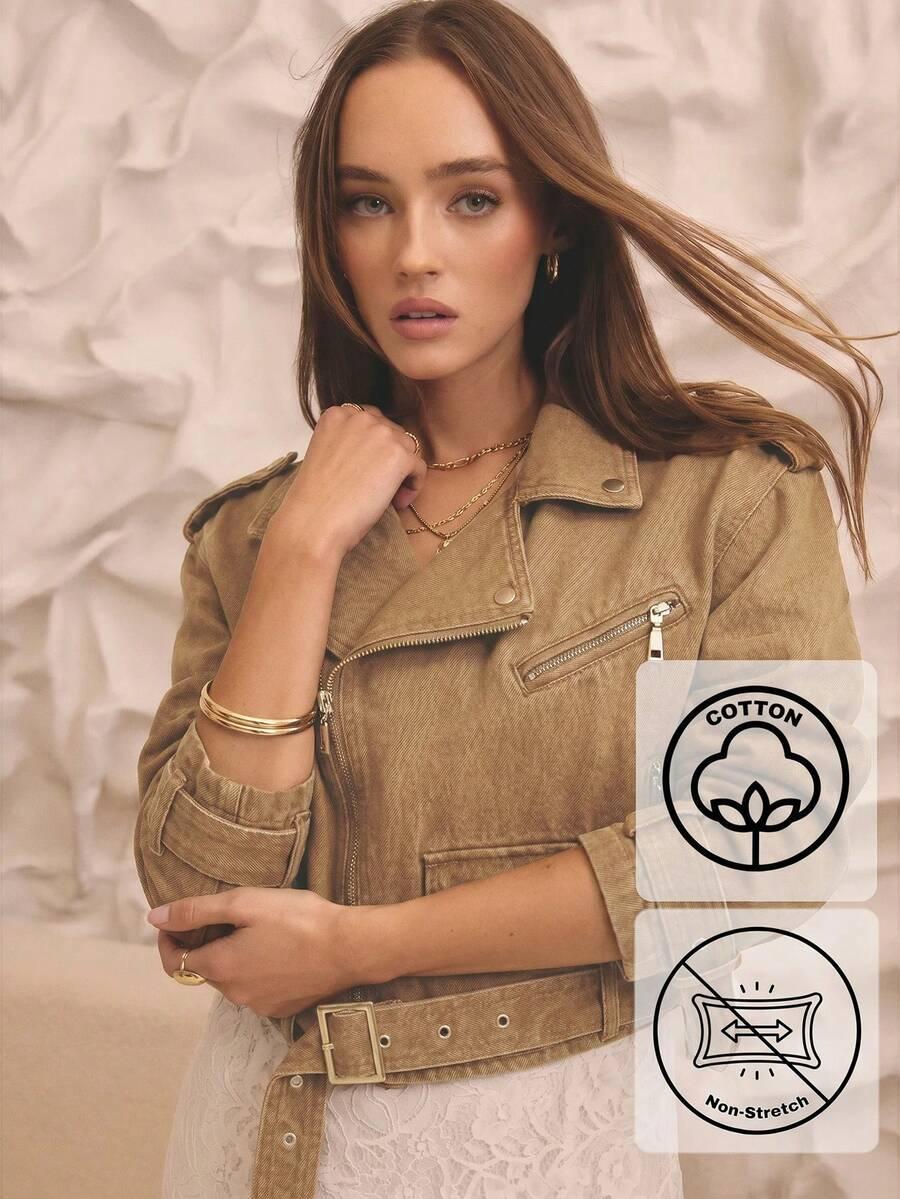 aralina autumn cropped denim biker jacket with khaki trim