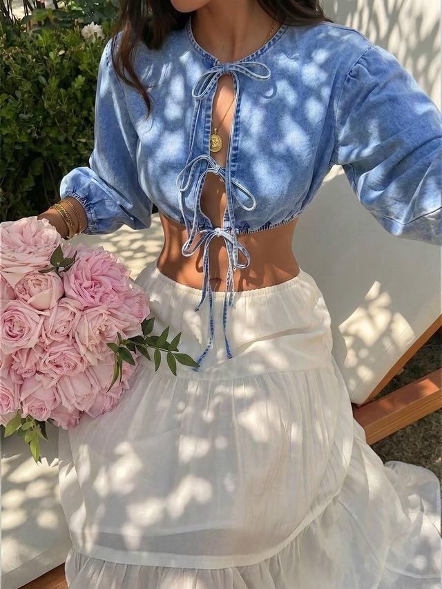light wash denim tie front cropped jacket