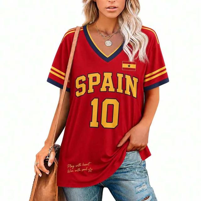 red oversized red v-neck spain soccer graphic t-shirt