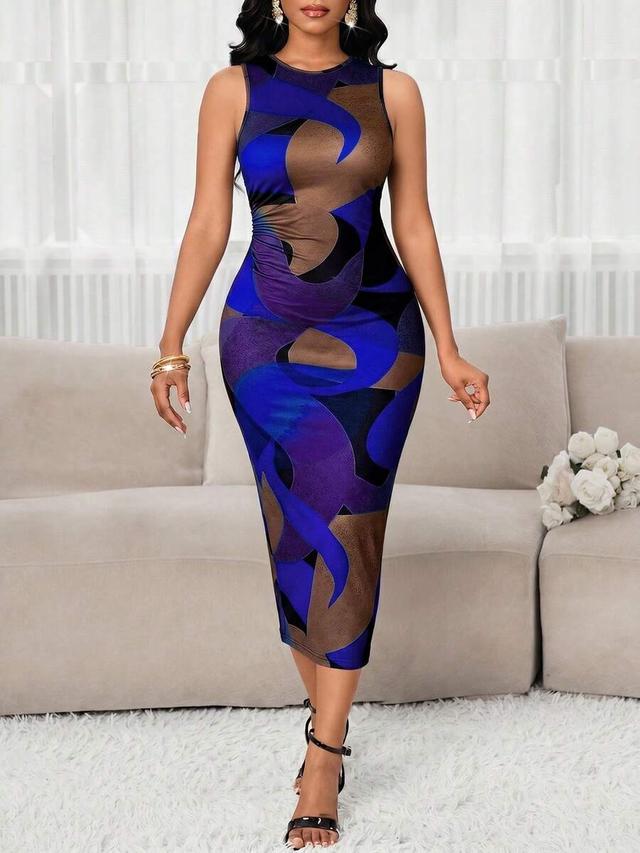 color-block printed ruched sleeveless bodycon midi dress