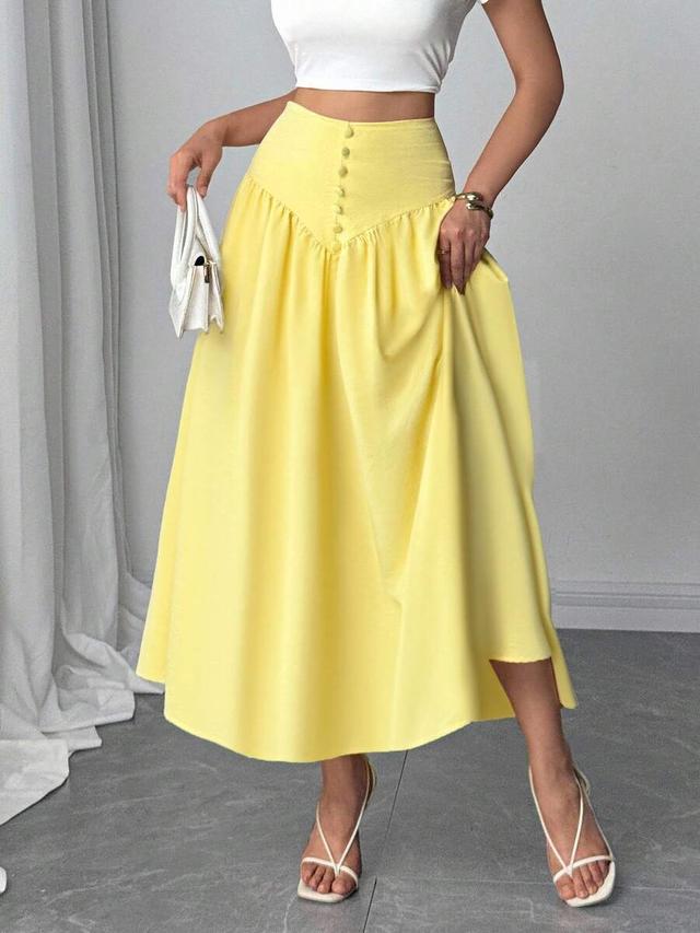light yellow faux linen flared midi skirt