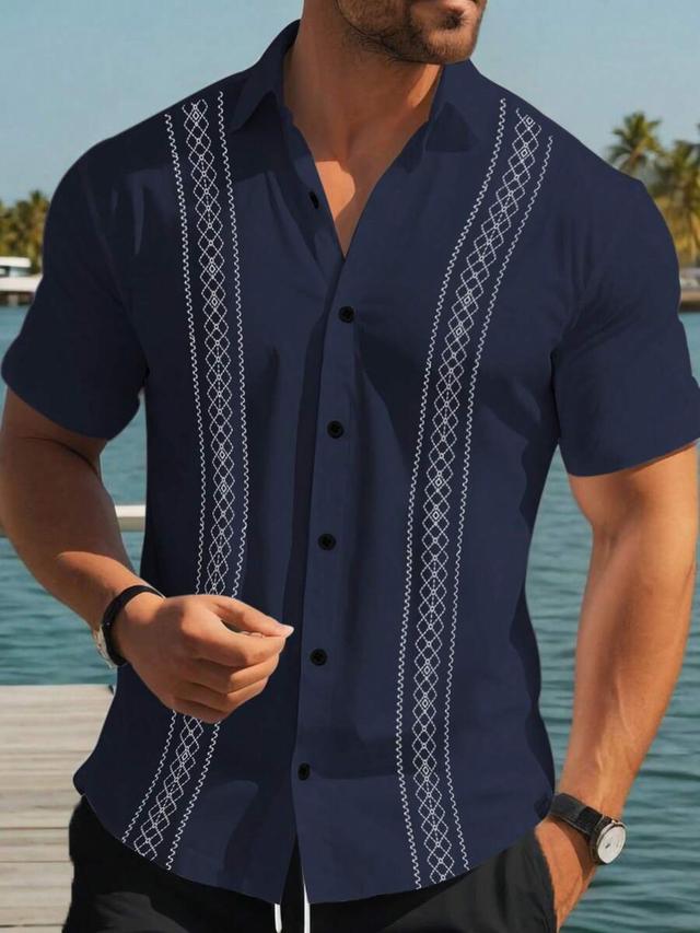 navy blue short sleeve button-down shirt with embroidery