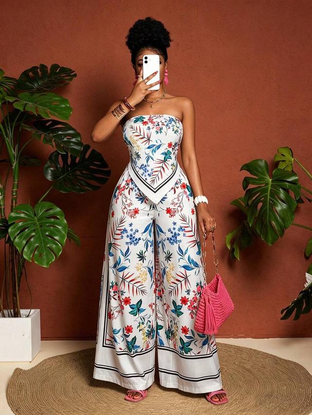 white floral bandeau tube top and wide leg pants set