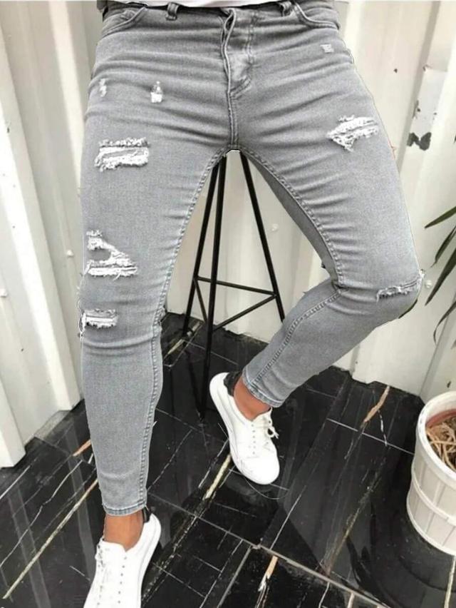 men's grey stretch skinny ripped jeans