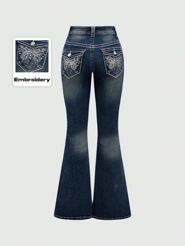 low waist vintage butterfly embroidered denim jeans