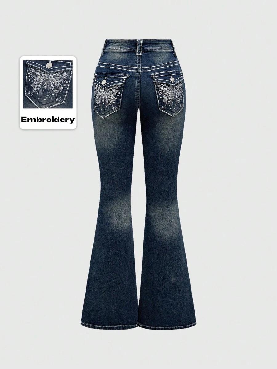 low waist vintage butterfly embroidered denim jeans