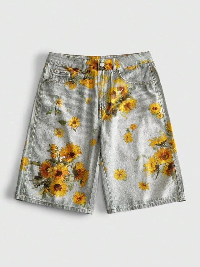 washed denim shorts with sunflower print