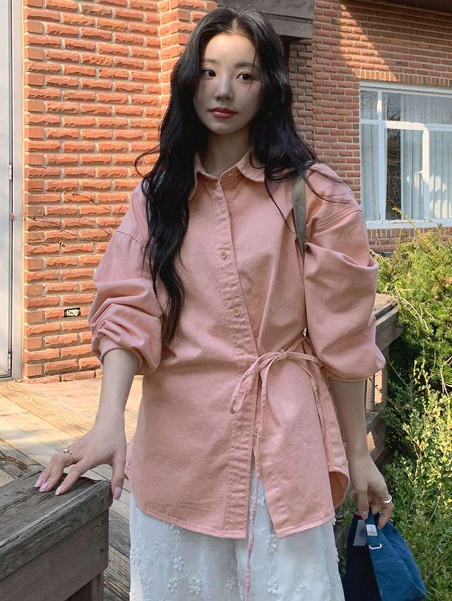 dazy women's solid color front button long sleeve denim shirt