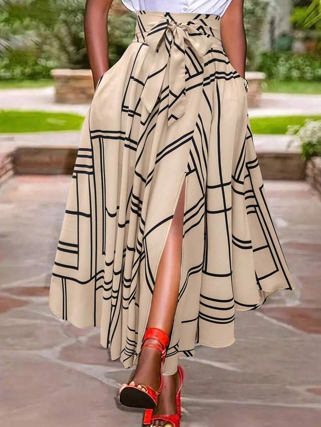 women front tie slit pocket geometric print skirt