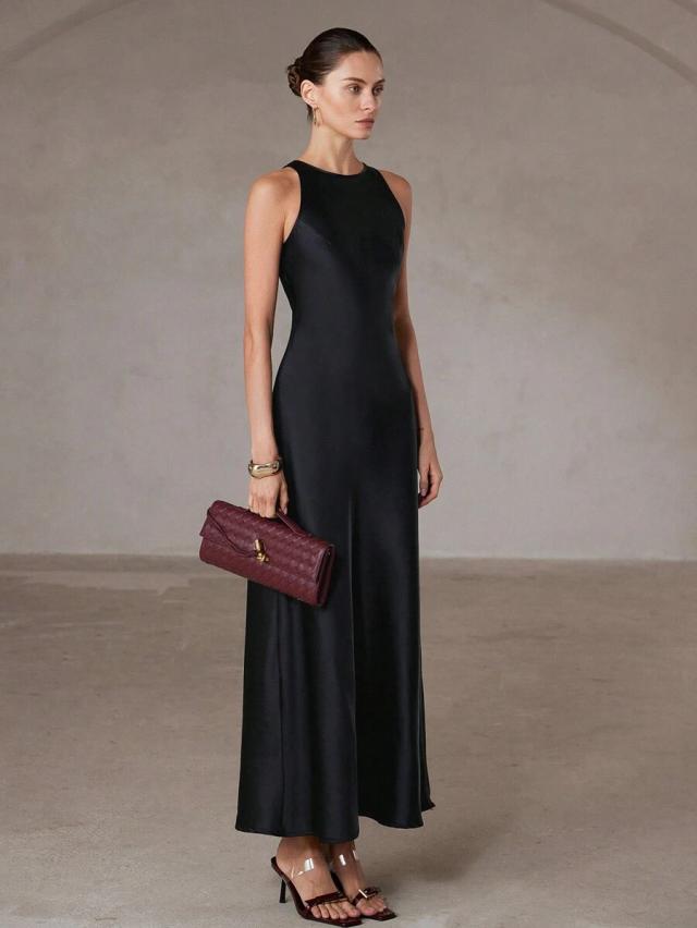 minimalist black bias-cut satin sleeveless a-line long dress