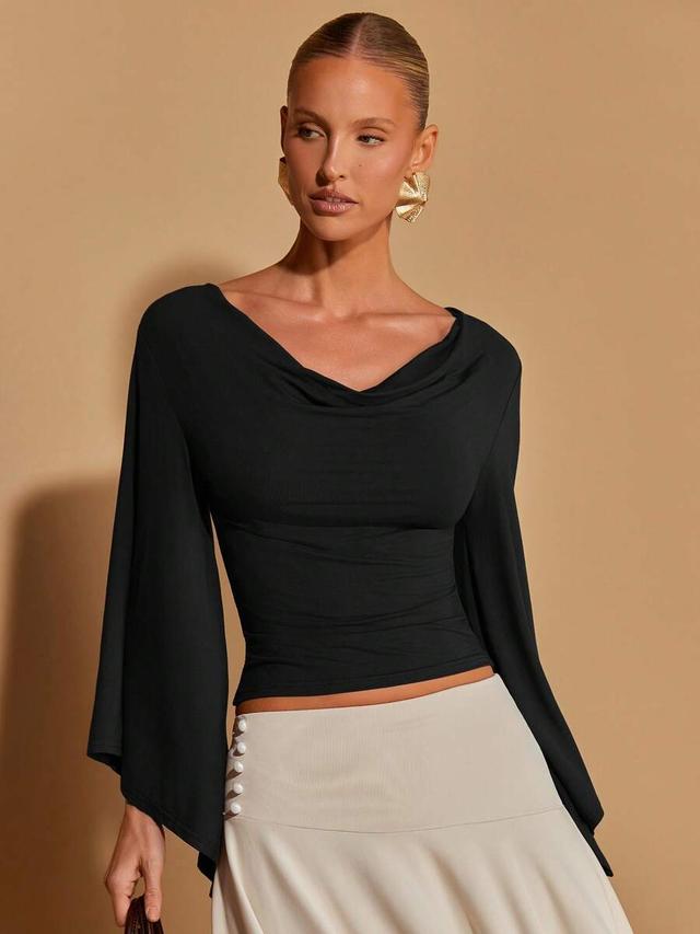 cosmina black cowl neck long bell sleeve top